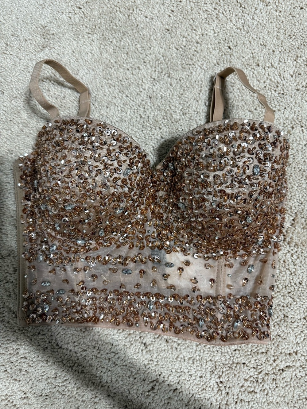Embellished Nude Sequin Bustier Crop Top